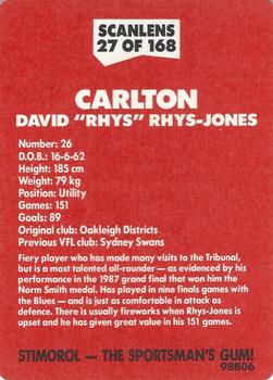 1989 Scanlens VFL #27 David Rhys-Jones Back